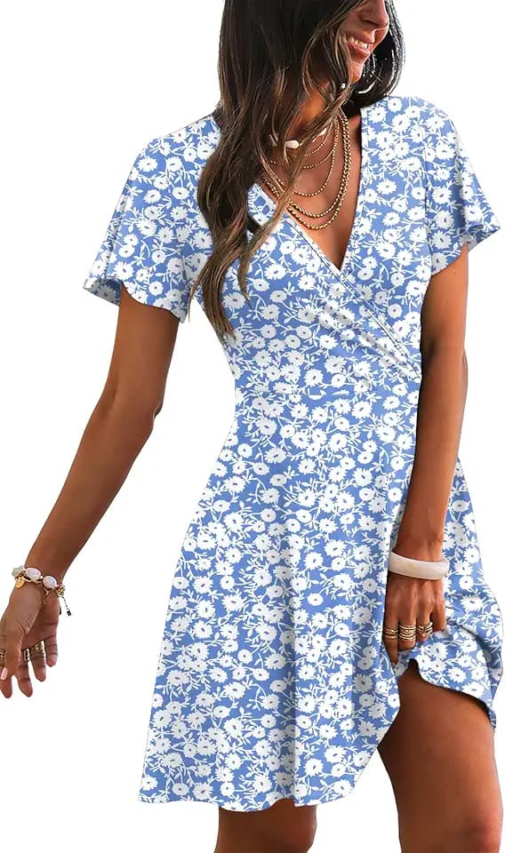 RUMIA Women Casual Dresses Wrap V Neck Dress A-Line Summer Sundress Fashion