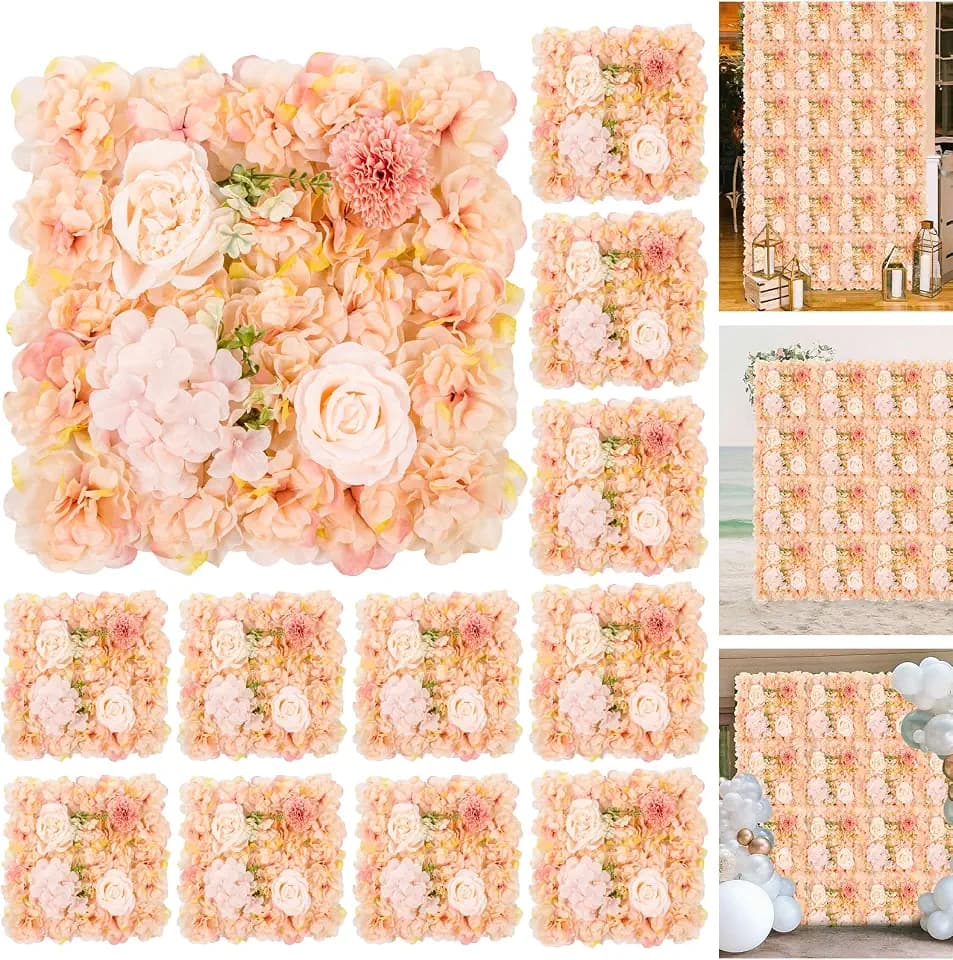 12-Pack Flower Wall Panels, 15x15 Inch Artificial Silk Rose Backdrop for Wedding, Party & Event Decorations, Orange