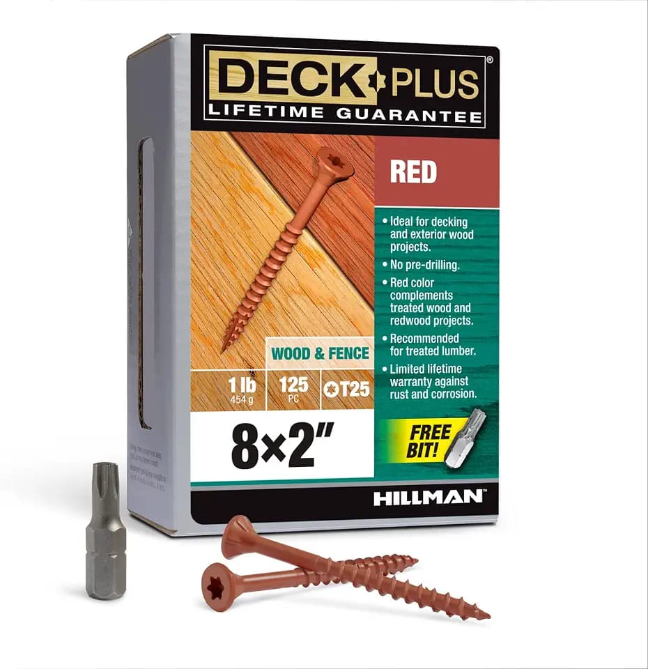 Deck Plus 2 Inch Epoxy Coated Exterior Wood and Fence Screws #8 x 2 Torx/Star Drive Included Coarse Thread, Outdoor Rust Resistant Decking Screw, Red, 1lb Box, 147 Pieces | 48427