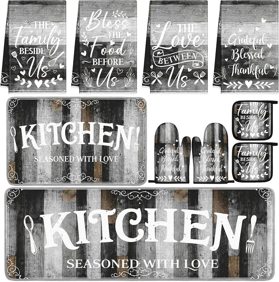Fourluoo 10 Pcs This Kitchen is Seasoned with Love Decor and Accessories Set Kitchen Towels and Rugs Pot Holders Oven Mitts for Cooking Baking Mom Housewarming Gifts