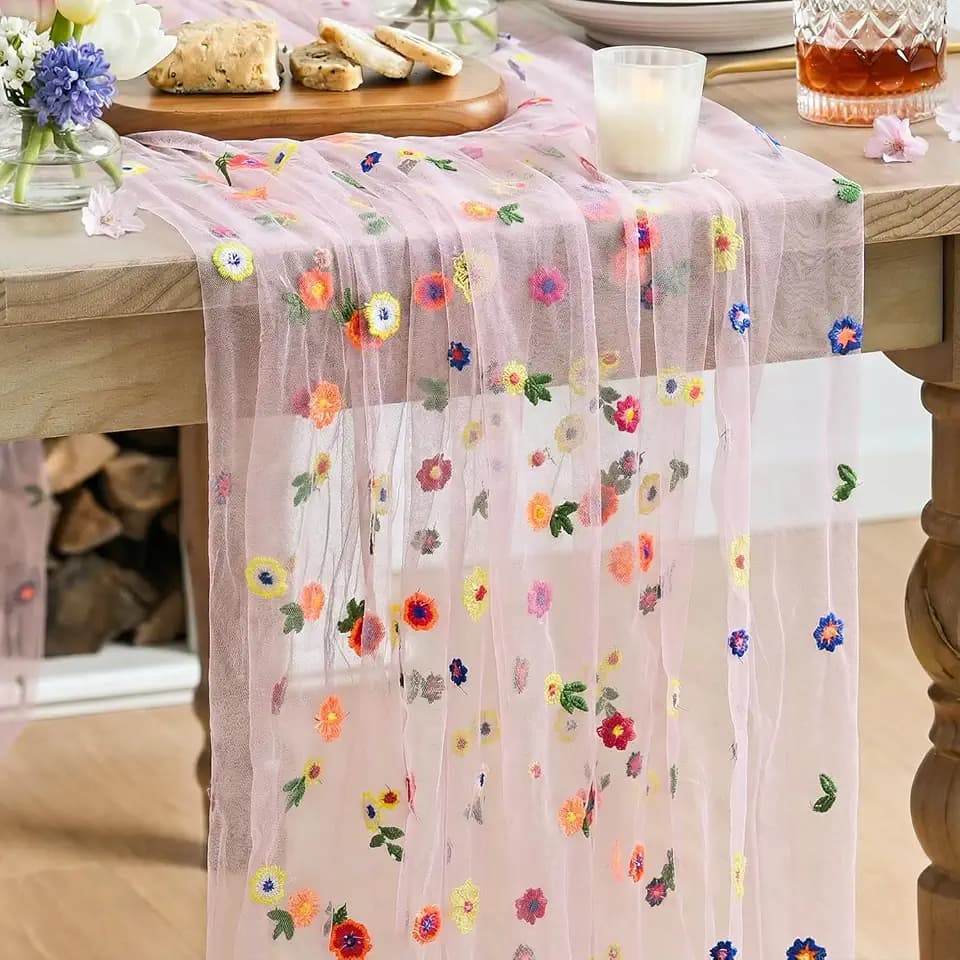 Artoid Mode Pink Embroidery Daisy Gauze Table Runner 120 Inch 10FT