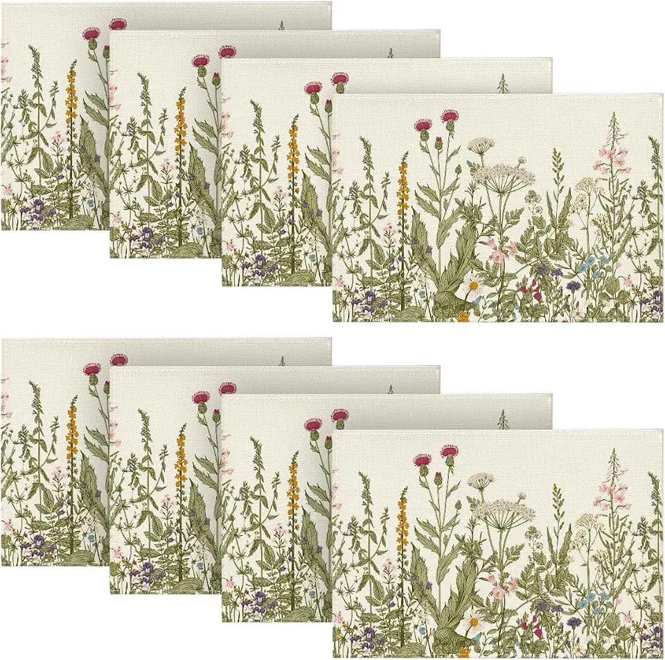 Artoid Mode Antique Herbs and Wild Flowers Summer Placemats Set of 8, 12x18 Inch Seasonal Wildflower Spring Table Mats for Party Kitchen Dining Decoration