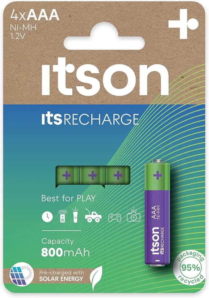 ITSON, Akkus AAA, 4 Stück, Kapazität mit min. 800 mAh, Verpackung 95% recycelt, Made in Japan, am besten für Fernbedienungen, Taschenlampen, Uhren
