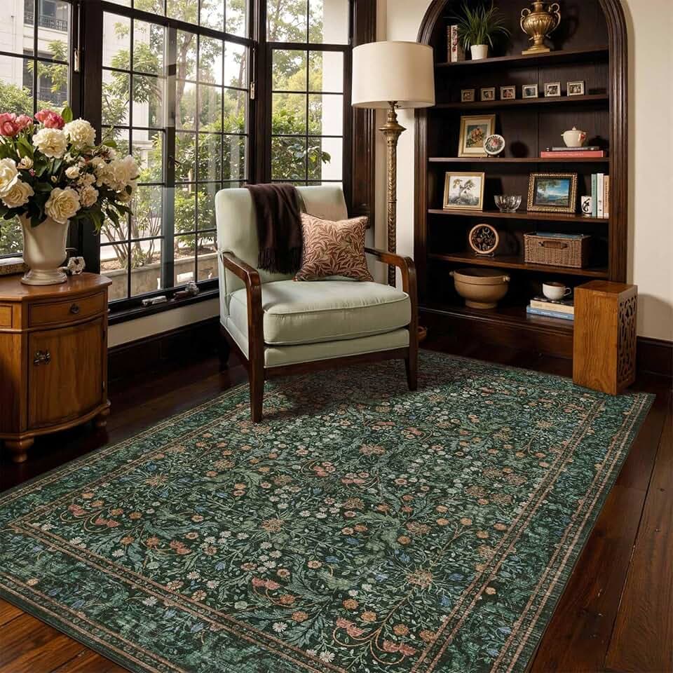 Rugxara Green Floral 4x6 Area Rug Washable Rug for Living Room Bedroom