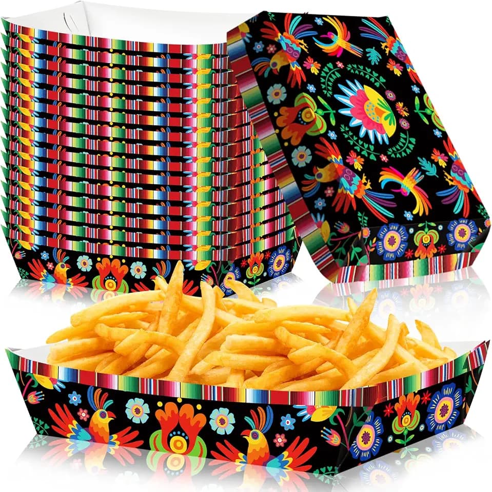 30 Pack Fiesta Mexican Food Trays, Floral and Serape Stripe Design Disposable Paper Serving Containers Boats for Taco Nights, Nachos, Fries, Popcorn, Snacks, Cinco de Mayo and Birthday Party Supplies