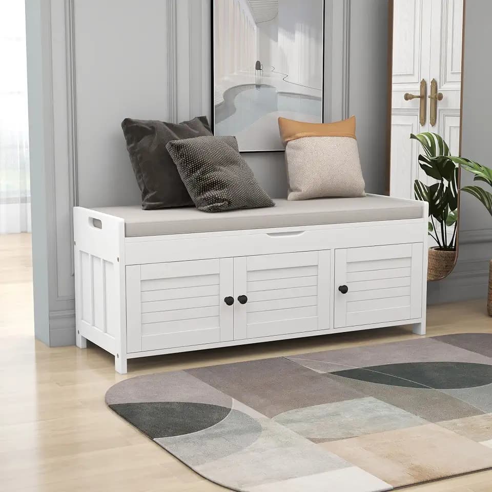 GDFStudio Jasd Storage Bench with 3 Shutter-shaped Doors, Shoe Bench with Removable Cushion and Hidden Storage Space, Large Organizer Space, Shoe Seat, Wooden Foot Rest for Living Room Entryway, White