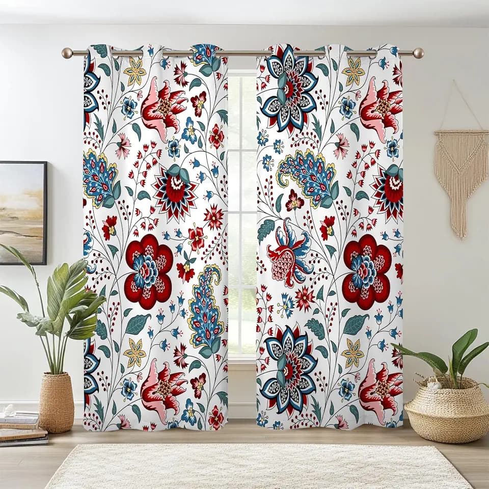 Vintage Bohemian Red Blue Floral Window Curtains 2 Panels 63" L x 53" W