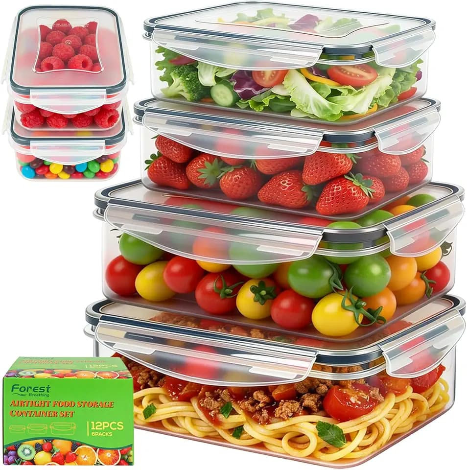 6 Pack Large Thick Plastic Food Storage Containers with Lids Airtight