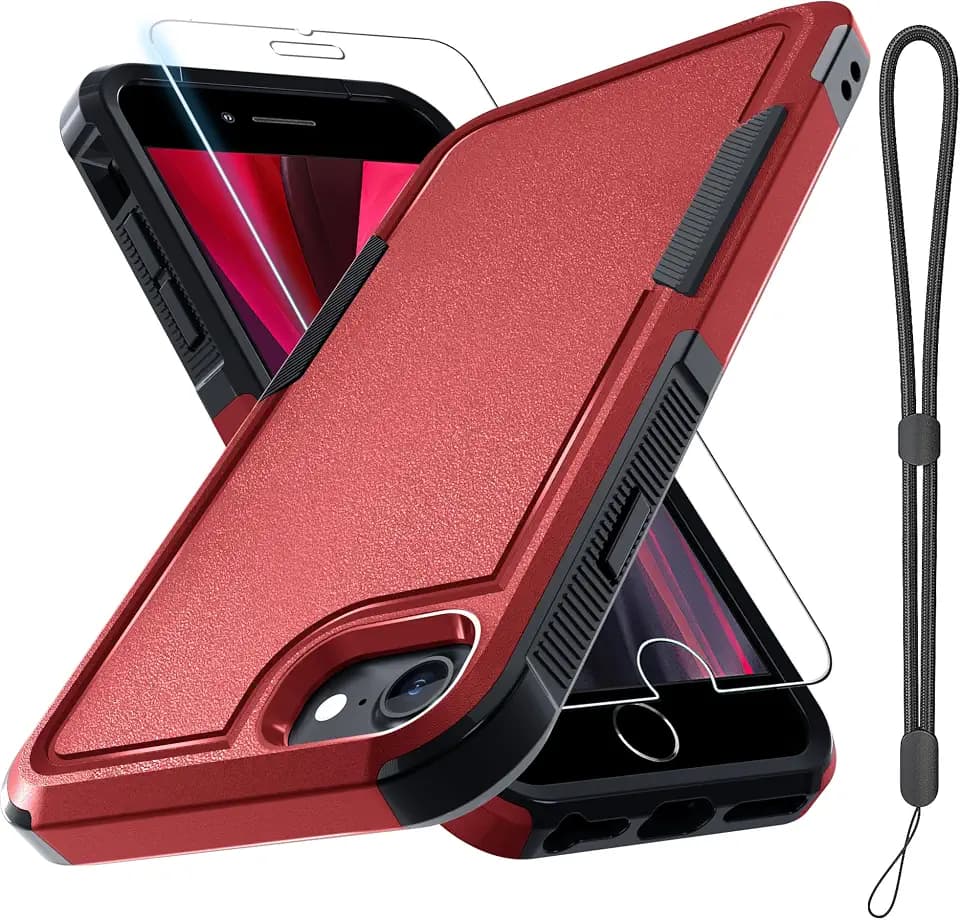 Case for iPhone 8/7/SE 2022 2020, with Screen Protector,Military Grade Heavy Duty Shockproof Phone Cover with Wrist Lanyard Strap for iPhone 8/7/SE 2nd 3rd 4.7 inch,Red