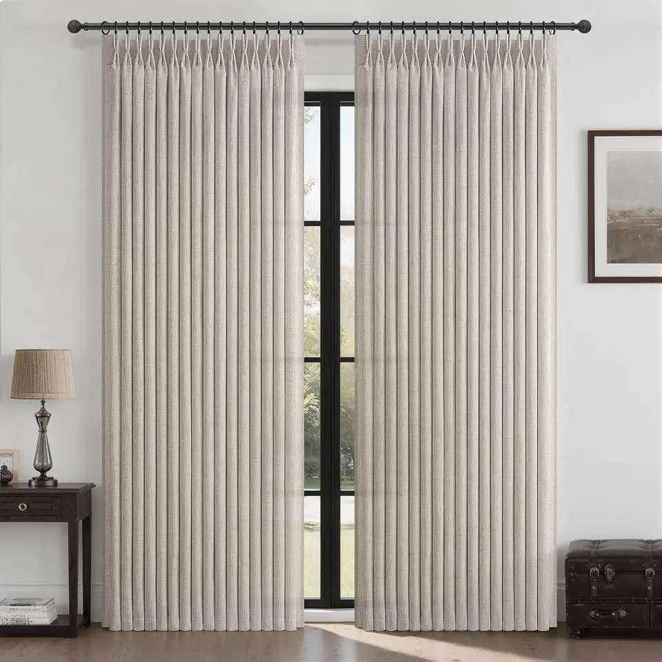 Semi Sheer Pinch Pleat Greyish Brown Curtains for Sliding Glass Doors 84 Inch Length, Memory Trained Thick Natural Linen Light Filtering Privacy Farmhouse Bedroom Windows Curtain & Drapes 2 Panels Set