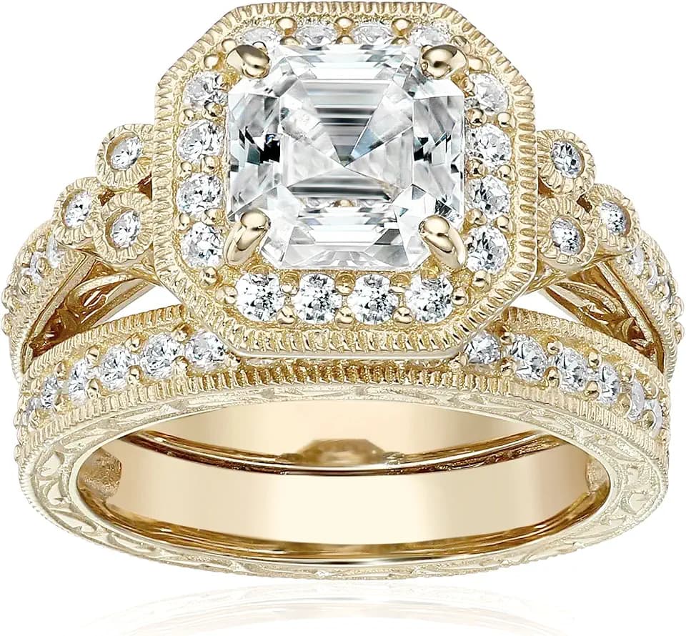 Amazon Essentials Platinum or Gold Plated Sterling Silver Antique Ring set with Asscher-Cut Infinite Elements Cubic Zirconia
