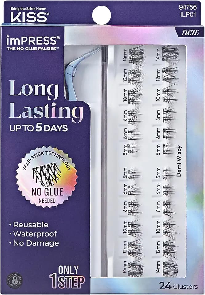 Kiss Impress Falsies Long Lasting Self Adhesive Eyelashes, ‘Demi Wispy’, 5 Day Extended Wear, 24 Light Volume Lash Clusters (5,6,8,10,12, & 14mm), Precision Non-Stick Applicator