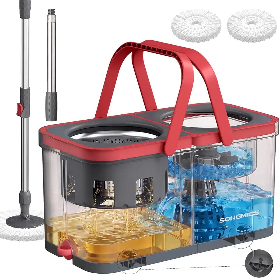 SONGMICS Spin Mop and Bucket Set, 2 Washable Microfiber Mop Heads, Wheels