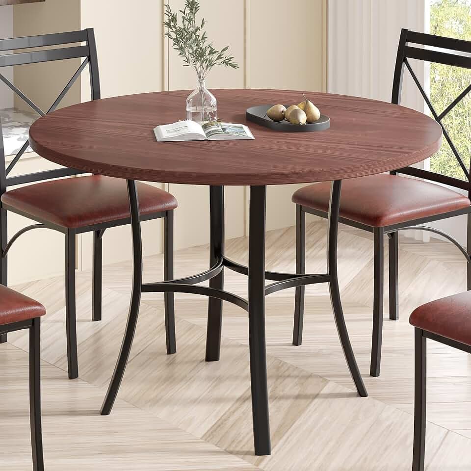 VECELO 36" Round Dining Table for 4, Wood Grain Dinette with Metal Frame for Kitchen, Apartment, Home, Space-Saving, Brown