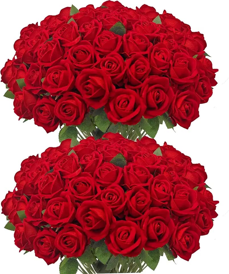 Ouddy Decor 50 Pcs Artificial Red Roses Bulk with Long Stems
