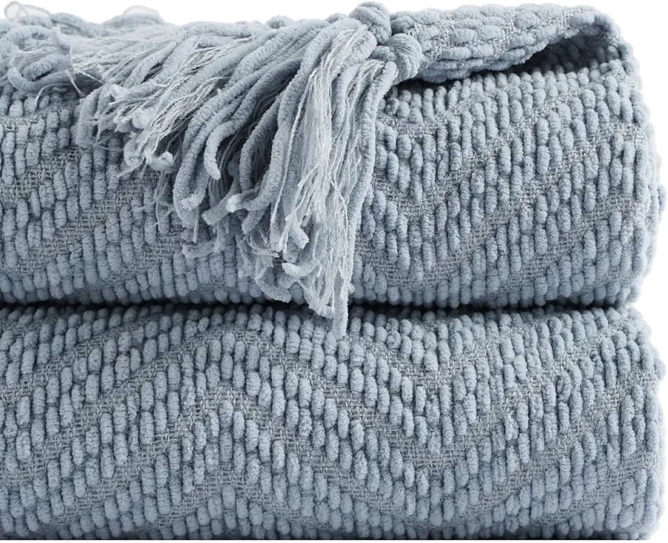 BATTILO HOME Blue Grey Throw Blanket for Couch, Knit Throw Blanket, 50"x60"