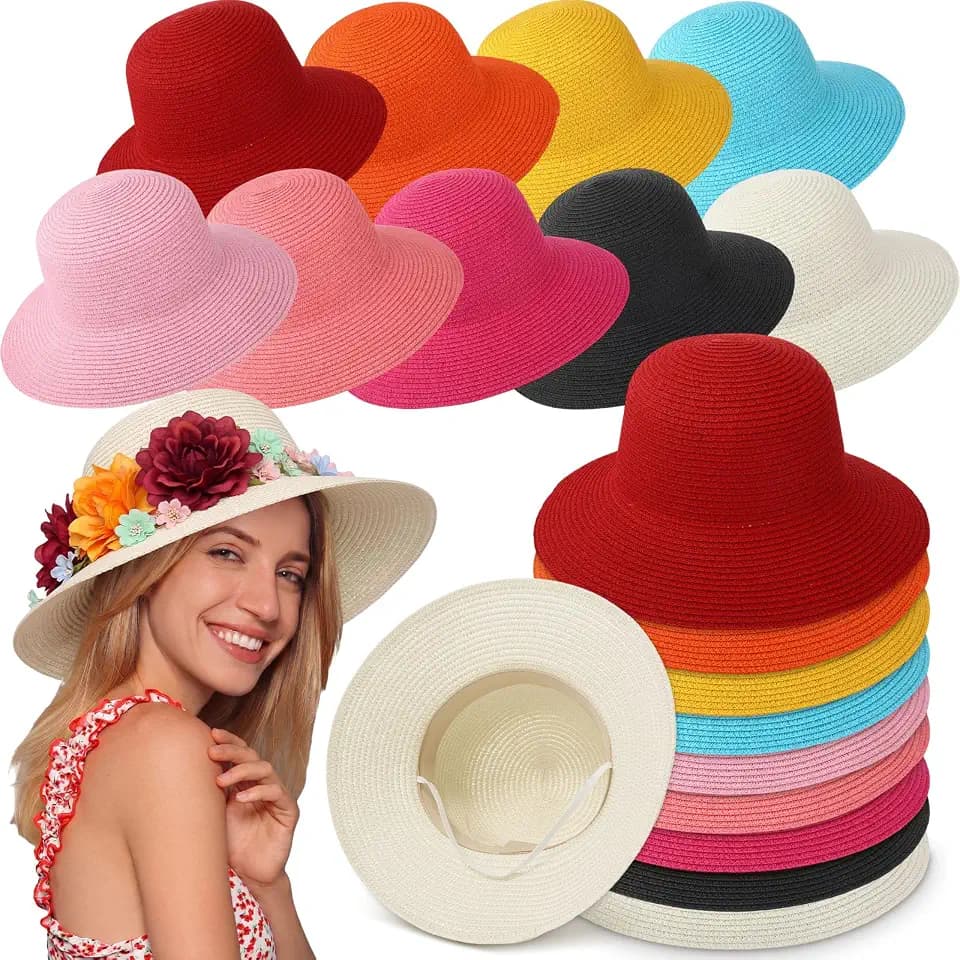 Cutecrop 18 Pcs DIY Straw Hat Beach Sun Head Hats Bulk for Women Creative Art DIY Painting Party Supplies