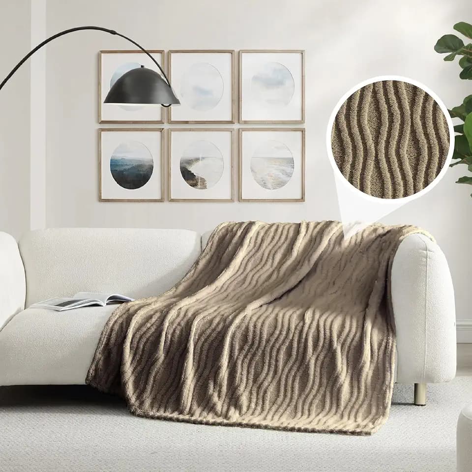 Cozy Ultra Soft Patterned Jacquard Plush 50" x 70" Throw Blanket, Fuzzy Blanket for Bedroom Living Room Sofa Couch, Lightweight & Warm for All Seasons, Machine Washable, Wave, Beige