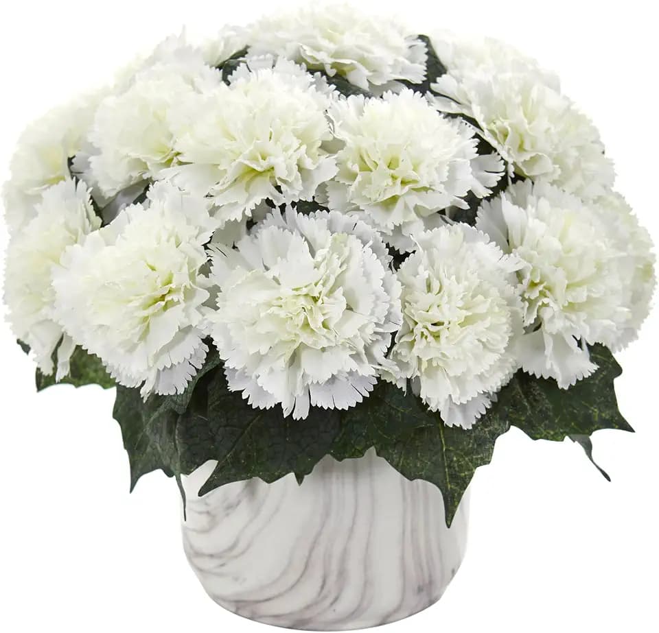 Nearly Natural Carnation Artificial Marble Finished Vase Silk Arrangements, Cream