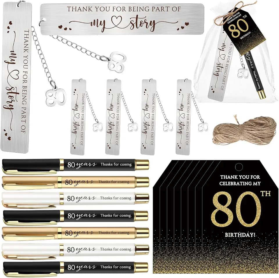 Sinload 25 Sets Birthday Favors for Guests 25 Thanks for Coming Ballpoint Pens 25 Metal Bookmarks 25 Cards with Organza Bag for Adult Birthday Anniversary Party Souvenir(80th)