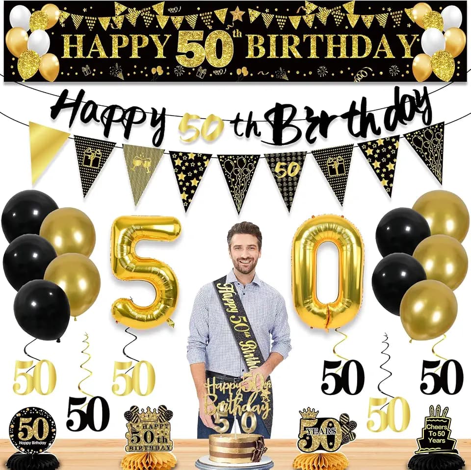50th Birthday Decorations for Men, Black Gold 50th Party Decoration Kits