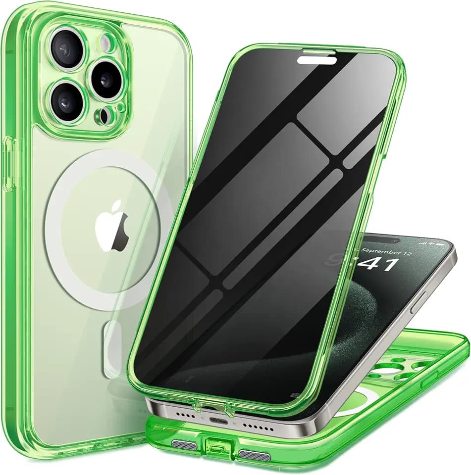 TIESZEN for iPhone 15 Pro Case, Compatible with MagSafe, Built-in Privacy Screen Protector and Camera Protection, Anti Spy Full Body Dustproof Shockproof Hard Phone Case 6.1", Bright Green