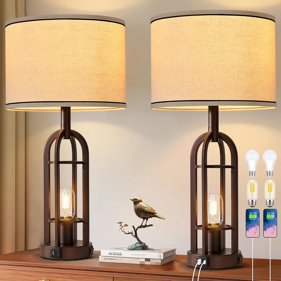 SRJJA 24" Farmhouse Table Lamps for Living Room Bedroom Set of 2, USB A+C