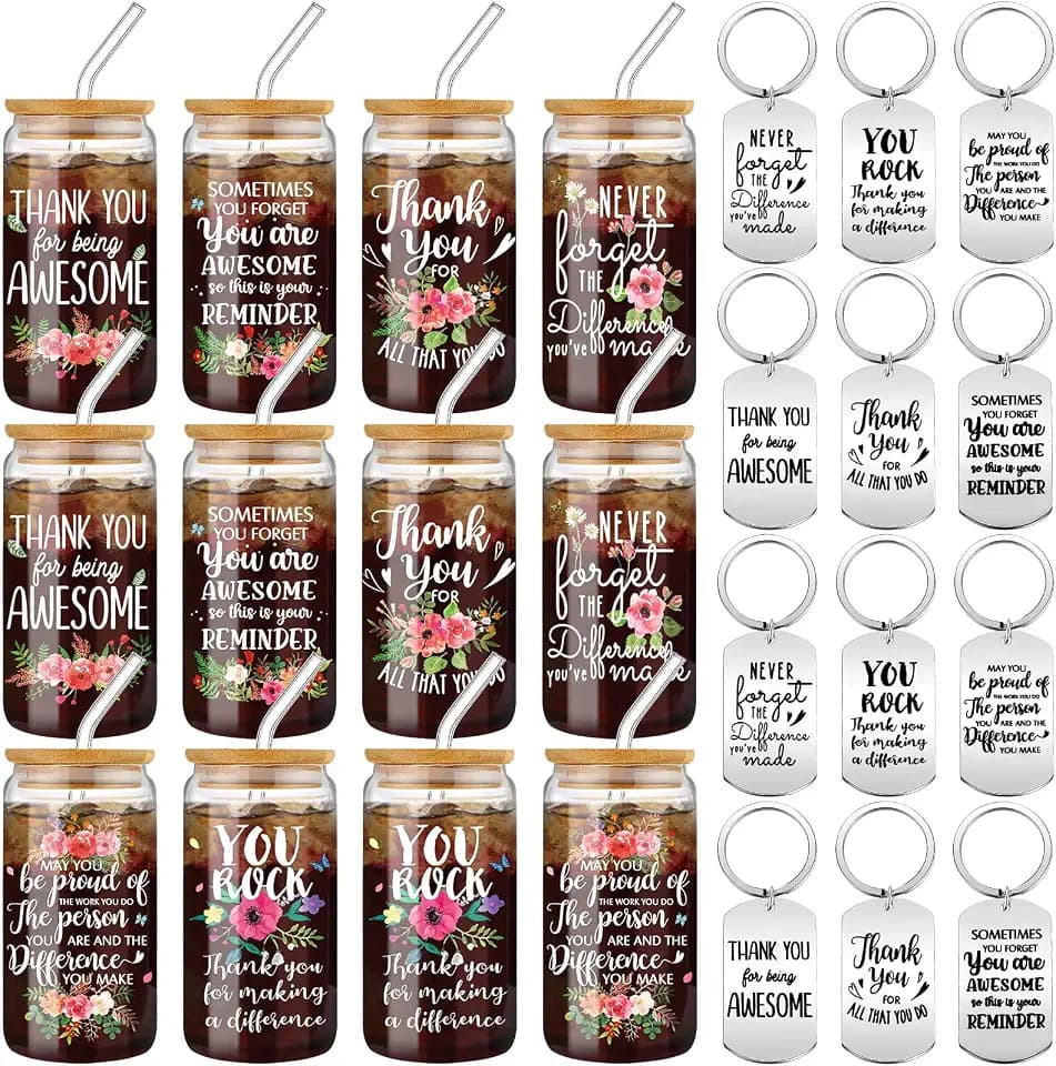Mumufy 24 Pcs Nurse Appreciation Gifts, Glass Cups Lids Straws Keychains