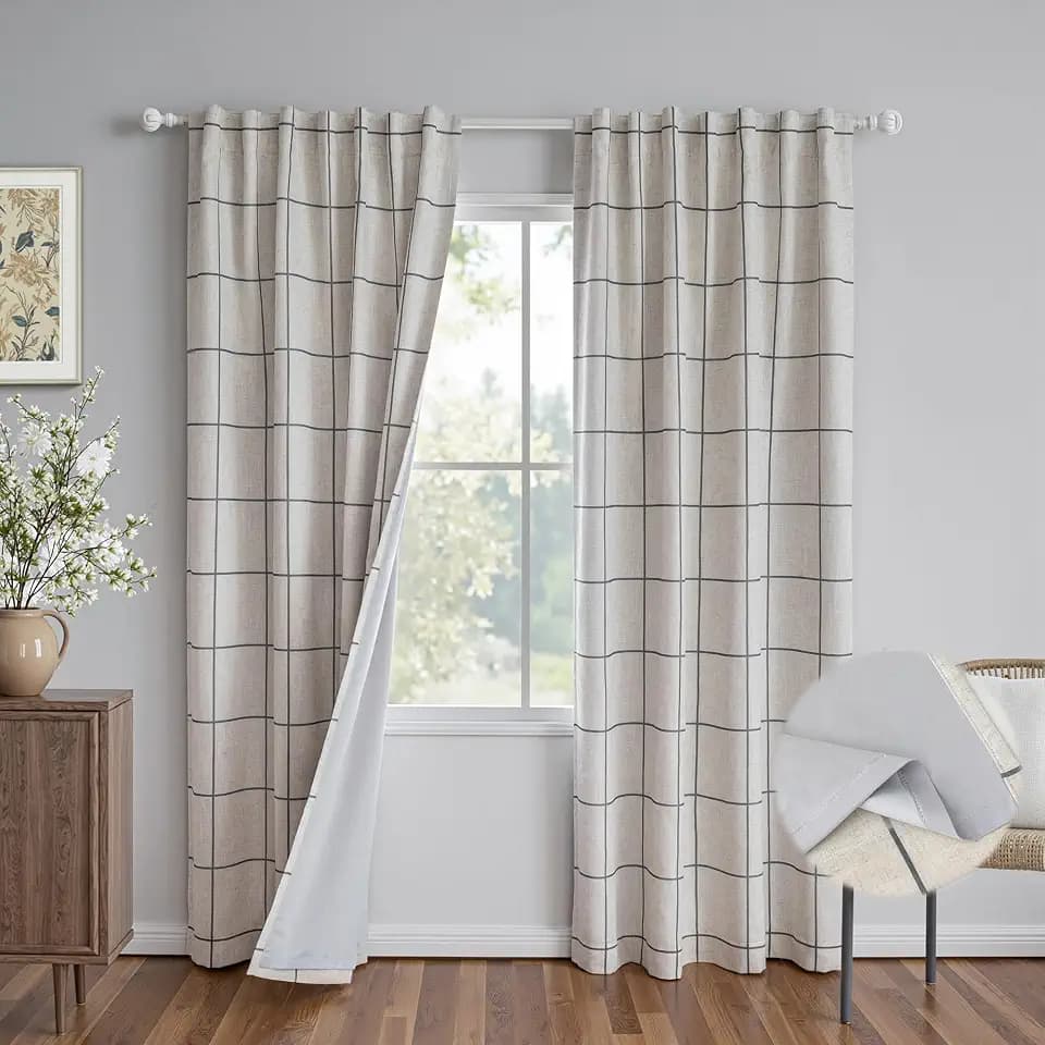 MYSKY HOME 100% Blackout Grey Plaid Farmhouse Linen Curtains 84 Inch Long 2 Panels Set Double Layer Checkered Drapes Thermal Insulated Privacy Protection Living Room Back Tab, 52" W, Deep Grey