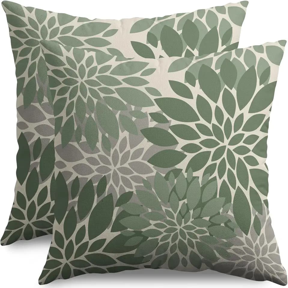 Sage Green Flower Pillow Covers 18X18 Inch Set of 2, Grey Gray Dahlia Floral Spring Summer Cream Decorative Throw Pillow Covers Outdoor Modern Farmhouse Cushion Case for Home Couch Sofa Bed Decor