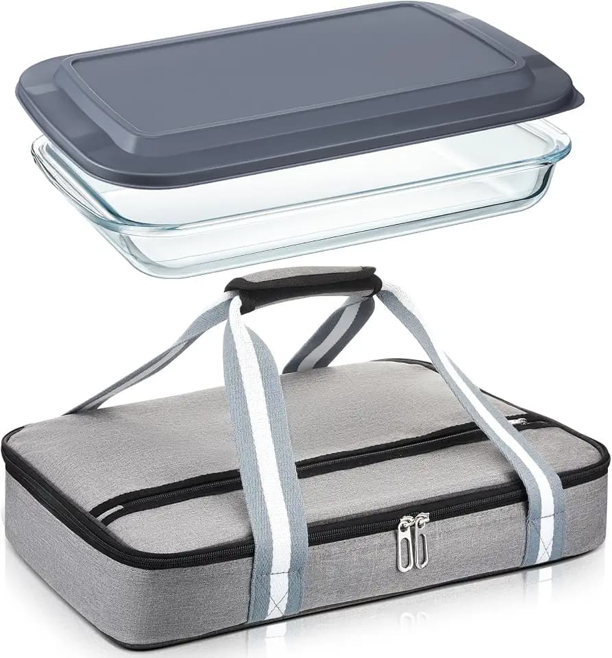 FoldTier Glass Baking Dish with Lid Glass Casserole with Carrier 9 x 13 Inch Insulated Bag for Hot or Cold Food Deep Casserole Dish for Oven Potluck Party Picnic Cookouts