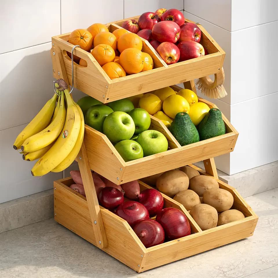 Sevenblue 3-Tier Bamboo Fruit Basket with 2 Banana Holders
