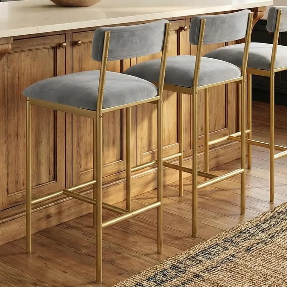 Garvee Bar Stools Set of 2, Upholstered Counter Height Bar Stool with Backrest and Footrest, Wider Seat, Kitchen Barstools for Kitchen Island, Dining Room, Easy Assembly, Gold