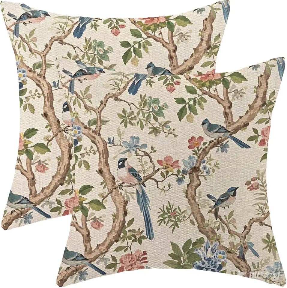 Chinoiserie Pillow Covers 18x18 Set of 2 Pink Green Blue Floral Birds Throw Pillow Covers Spring Summer Vintage Flower Decorative Pillowcase Linen Cushion Case for Home Couch Sofa Outdoor Decor