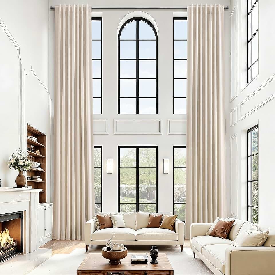 Joywell Beige 100% Blackout Extra Long Curtains with Back Tab 14ft Linen Blended Room Darkening High Living Room Drapes 168 inch for High Ceiling or Long Window 1 Panel, 52x168 Inch