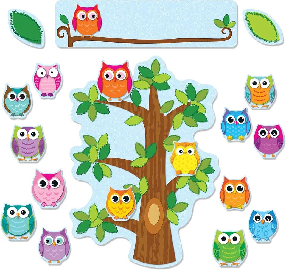 Carson Dellosa 70 pc Bundle Owls Bulletin Board Set, Colorful Cardstock Green Leaf, and Bird Cutouts, Tree Wall Decoration for Homeschool and Classroom Decor