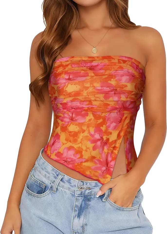 Womens Tube Top Strapless Mesh Asymmetrical Hem Crop Tops Summer Bandeau