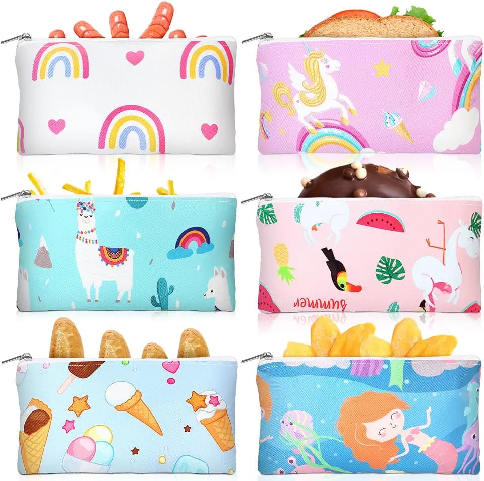 Chumia 6 Pack Reusable Snack Bags for Kids, Washable Sandwich & Food Storage Pouches, Dual-layer Silicone Lined Lunch Bags with Zipper for School & Travel(Cute,6.9 x 3.7 Inches)