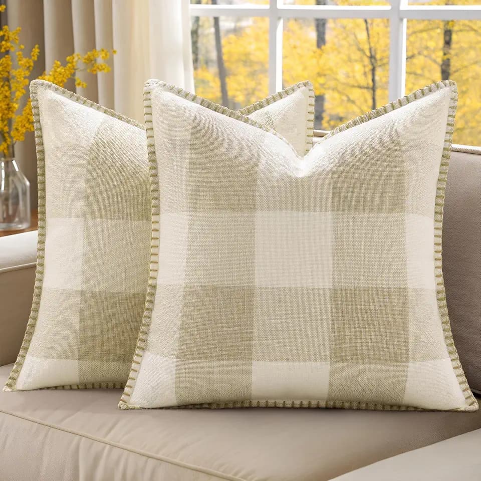 decorUhome Fall Plaid Linen Throw Pillow Covers 18x18 Set of 2 Cream White