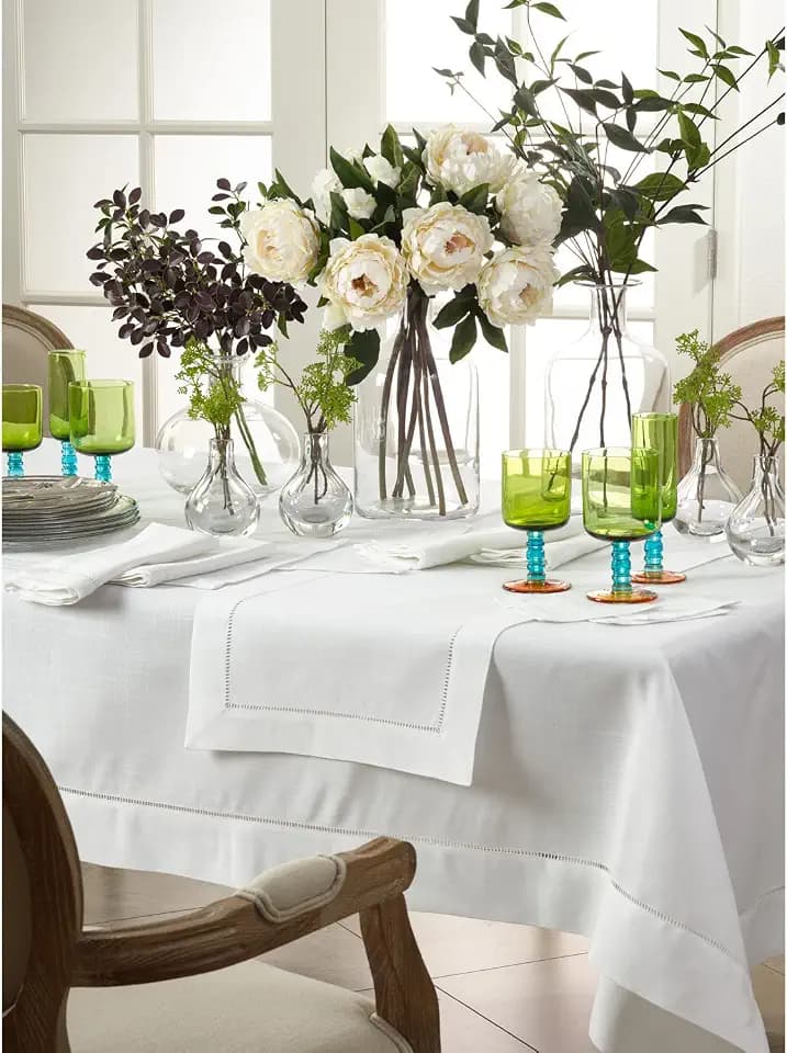 White Special Occasion Holiday Dining Tablecloth with Hemstitched Border 70" X 140" - XL - Very Long Tabecloth - 11.5 Feet Long