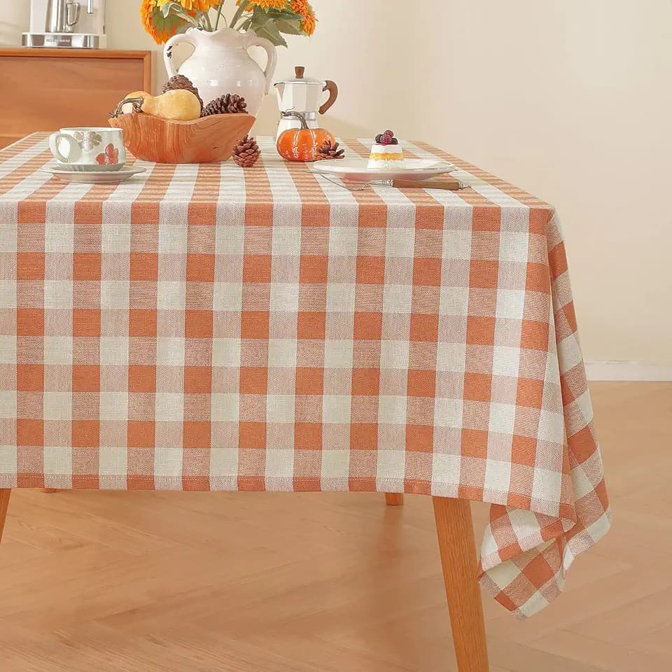 Alsoo Checkered Tablecloth Rectangle Gingham Table Cloth Washable Cotton Linen Fall Thanksgiving Buffalo Plaid Table Cover for Picnic Kitchen Dining Room, Orange and White, 60 * 120 inch