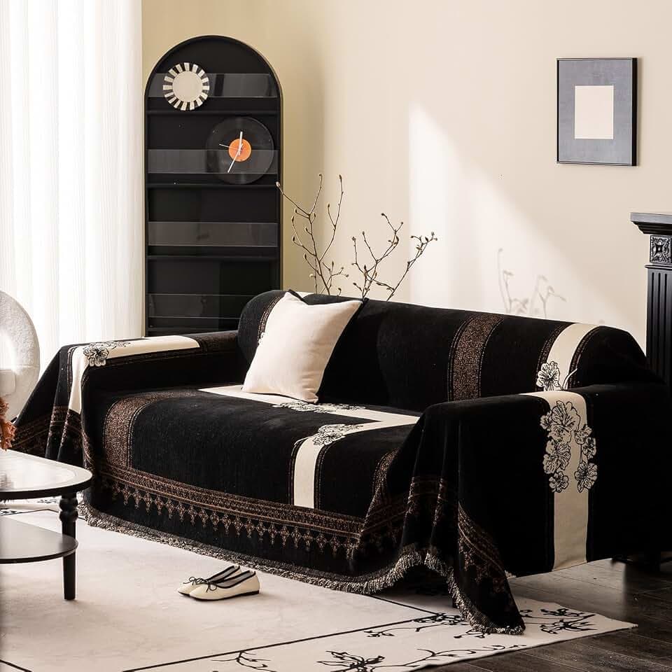 DREAMINGO Vintage Chenille Couch Cover Floral Jacquard Furniture Cover for 3 Seater Sofa Washable Couch Protector for Dogs Cats Non Slip Sectional Sofa Slipcover 71"x150", Black