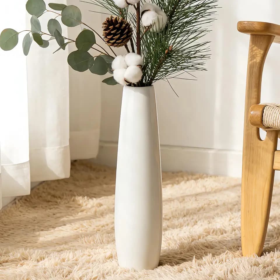 White Tall Ceramic Floor Vase, 17.7 Inch, Minimalist Design