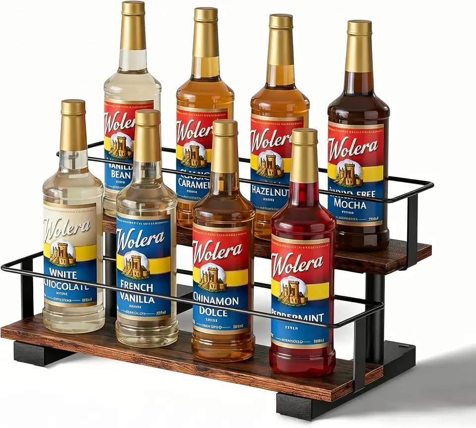 2-Tier Coffee Syrup Bottle Holder, Holds 8 Bottles, Stepped Design