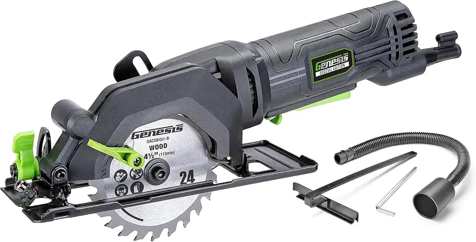 Genesis GCS445SE 4.0A 4-1/2-Inch Compact Circular Saw | 24T Carbide-Tipped Blade | 3,500 RPM | 45° Bevel | Depth Adjustment | Parallel Guide | Vacuum Adapter