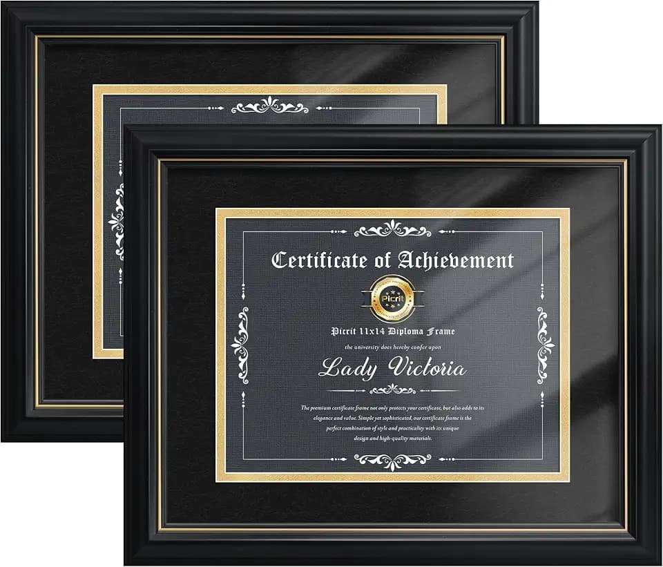 Picrit 11x14 Black Diploma Frame 2 Pack with Tempered Glass, Gold Rim