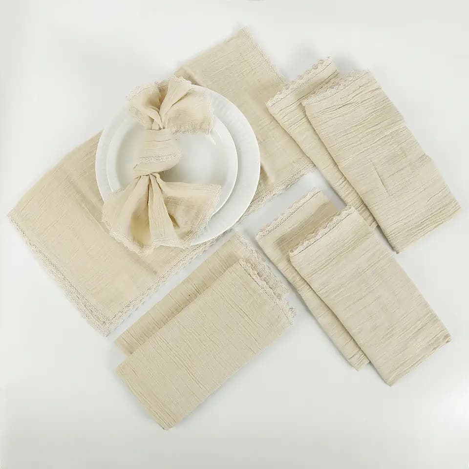 ZOMI Table Napkins Set of 8 – 100% Cotton Fabric 20x20 Inches with Mitered Corners and Stylish Lace – Pre-Shrunk Highly Absorbent Reusable Cloth Napkins for Daily Use (Beige)