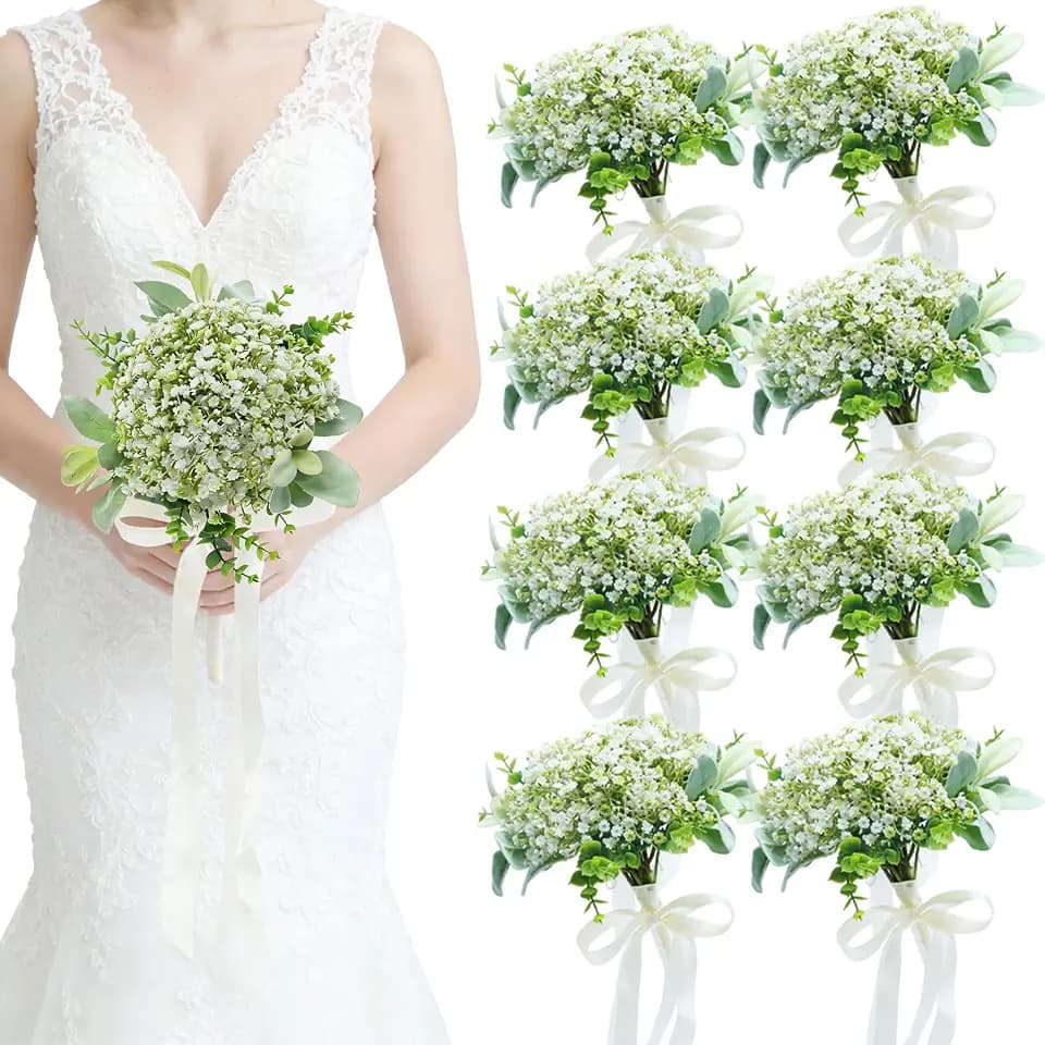 Artificial Bridesmaid Bouquets Set of 8 - Ivory White 9 Inch Flower Bouquet for Wedding Party Ceremony Anniversary Dinning Table Centerpieces Decor Faux Boho (Babys Breath & Ribbon)