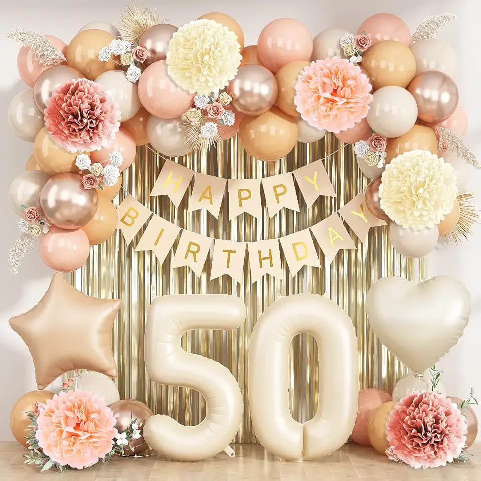 Beige Happy 50th Birthday Party Decoration Women Cream Number 50 Balloon