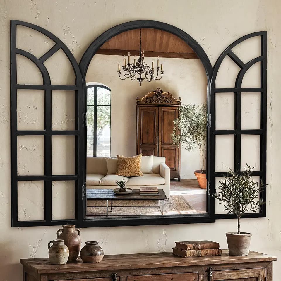 Arched Wall Mirror with Windowpane, 28"x40" Black Wood Mirror for Wall